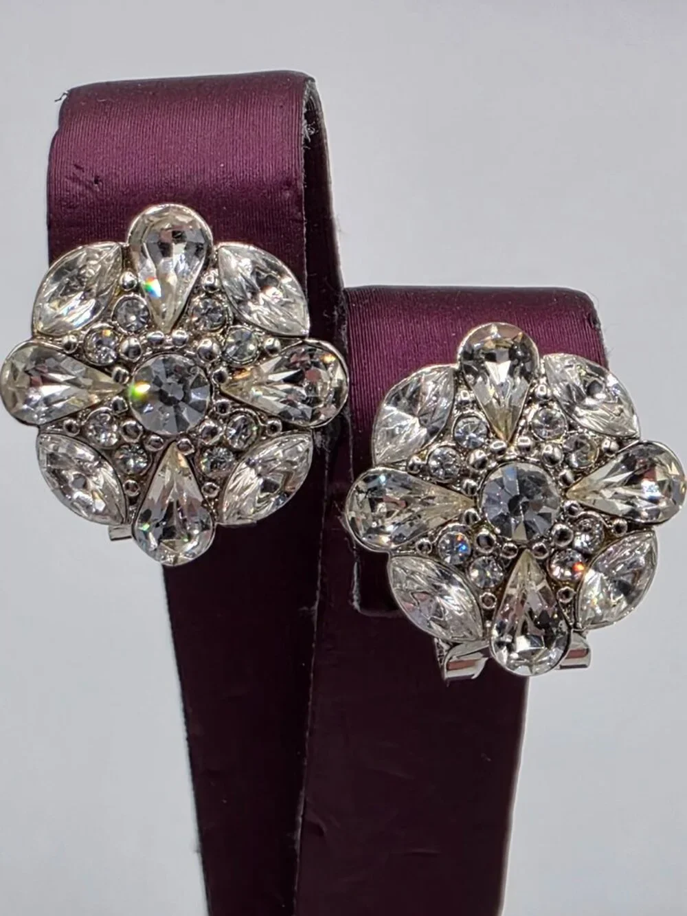 Vintage LIZ CLAIBORNE Round Pave Rhinestone Rhodium Plated Silver Clip Earrings